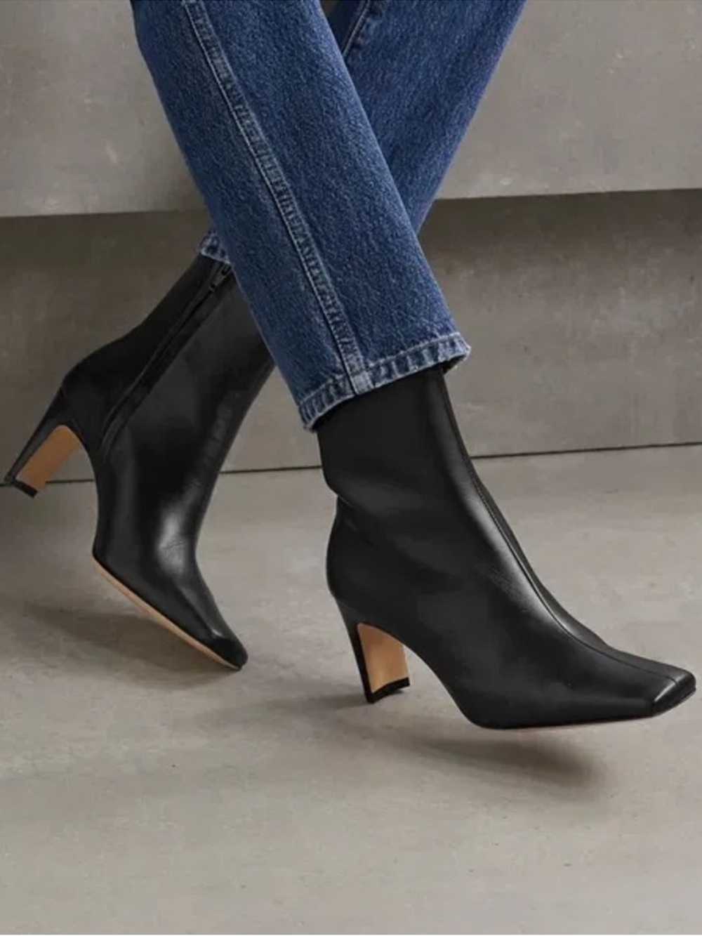 STAUD Black Leather Zip Ankle Boots with slim block heel